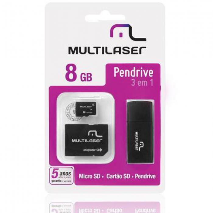 Pen Drive Cartão de Memória Multilaser 3 Em 1 8GB MC058